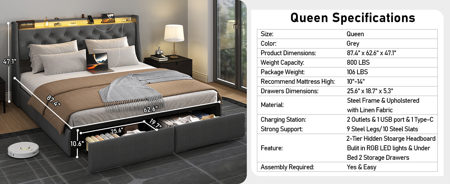 grey queen size bed frame