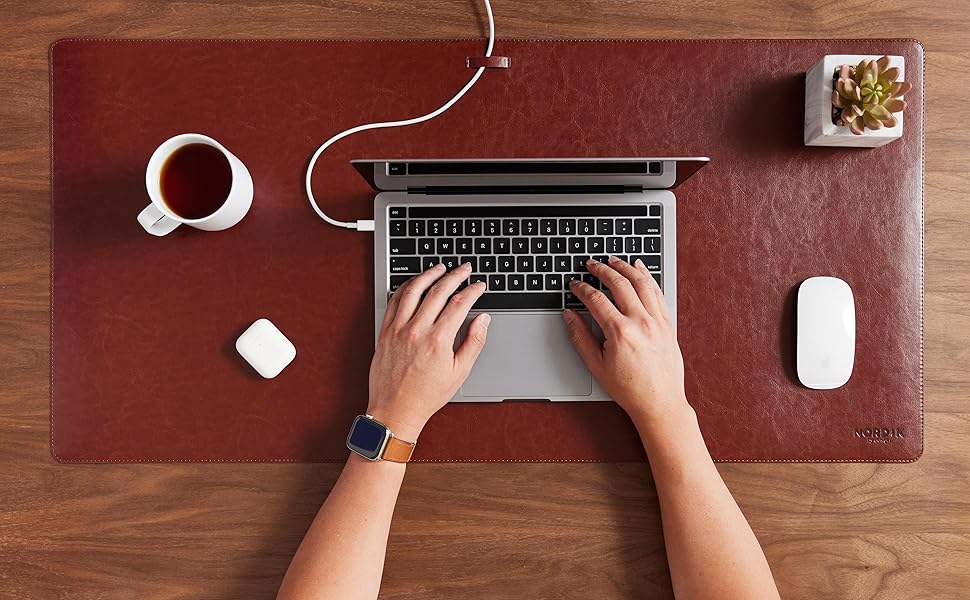 Nordik Leather Desk Mat Cable Organiser (Cognac Brown 89 x 43 cm