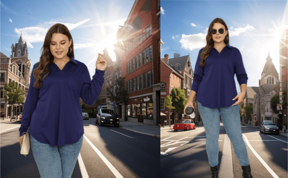 KLPOHV Women Plus Size Long Sleeve Collared V Neck Shirts Business Casual Work Tops