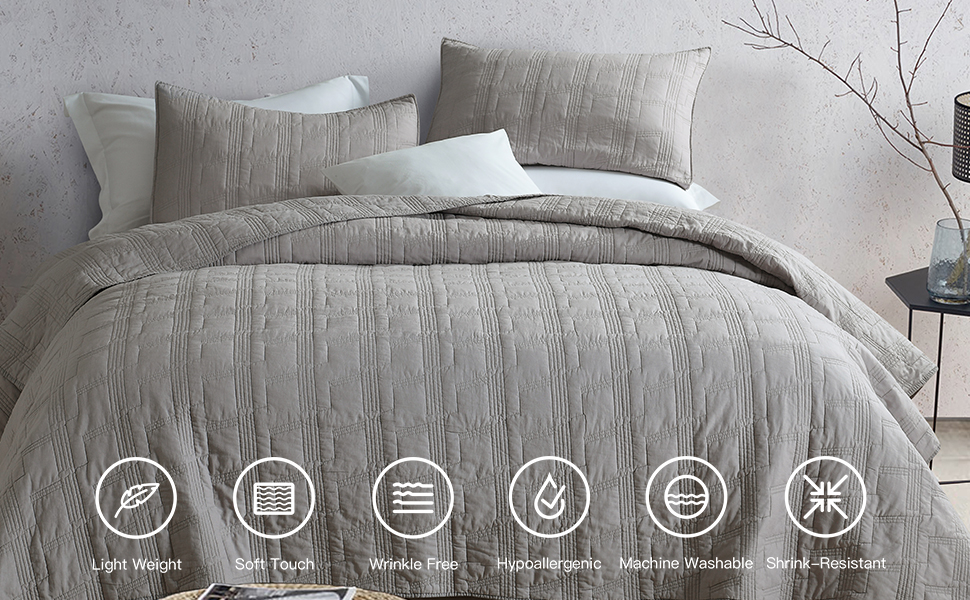 100 Cotton Quilt Set Queen Size, Light Grey Prewashed 3