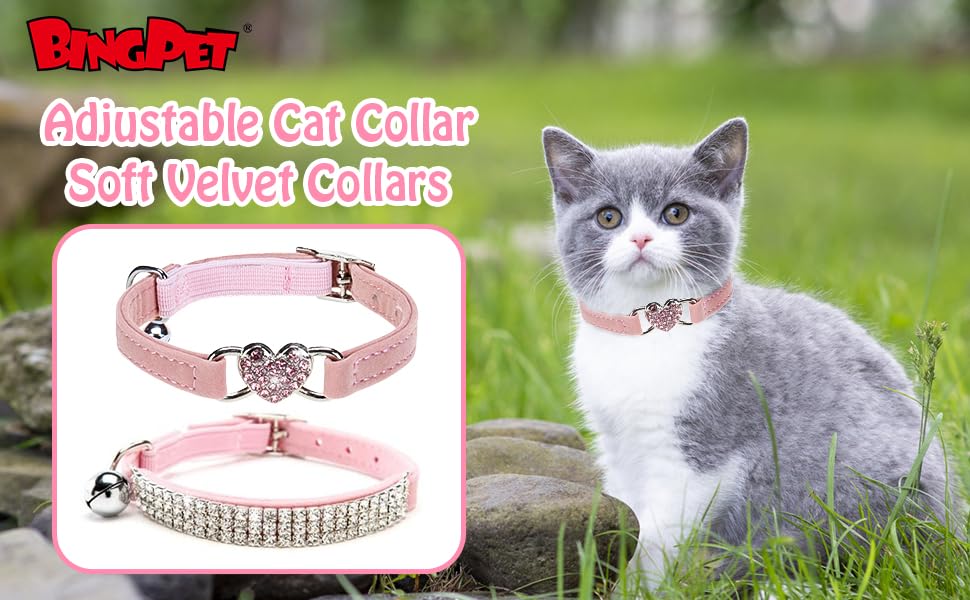 BINGPET Diamond Cat Collar,Adjustable Soft Velvet Leather