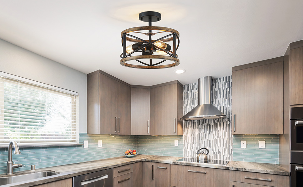 UZUPS Chandelier 3-Light Vintage Farmhouse Industrial Semi-Flush Mount Ceiling Light