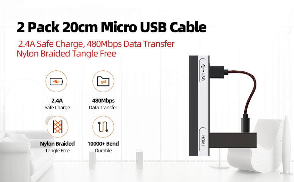 2 Pack 8 Inches Power Cable for Fire Stick, Power up Your Fire Stick