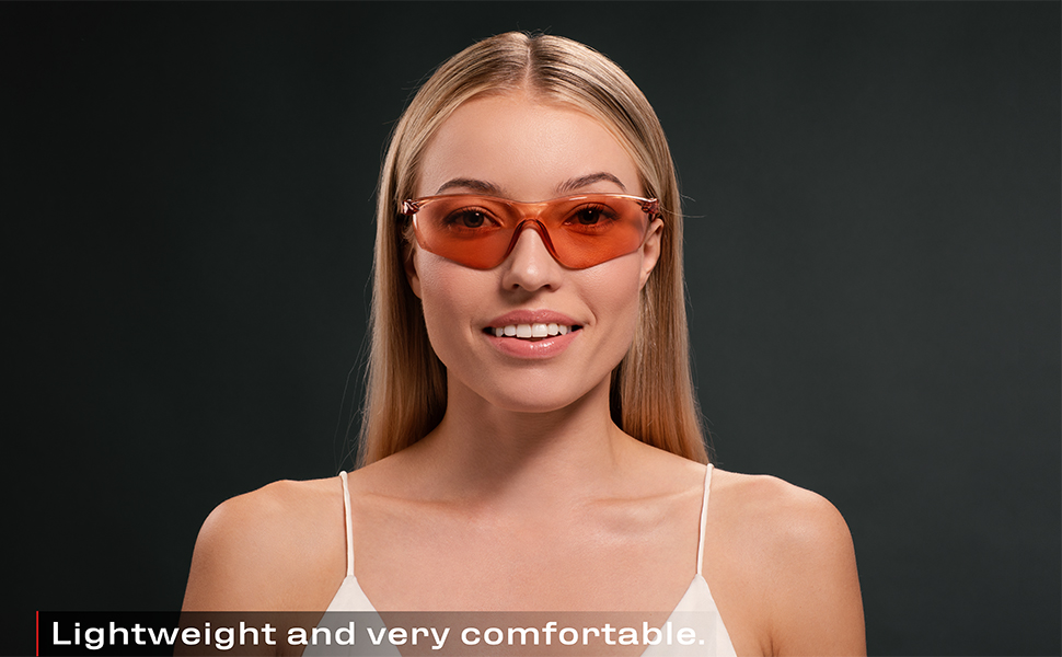 A model wearing our glasses in the dark background. Lightweight and very comfortable