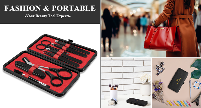 Portable manicure set with multiple tools in red and black case. Additional images show red handbag, smartphone, and various small accessories on light surfaces.