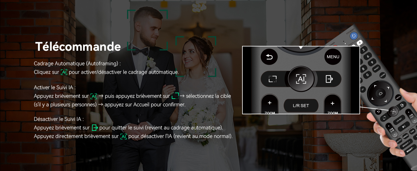 Le texte indique « Télécommande ». Capture d'écran montrant l'interface de commande à distance avec les boutons et les paramètres de lecture multimédia.