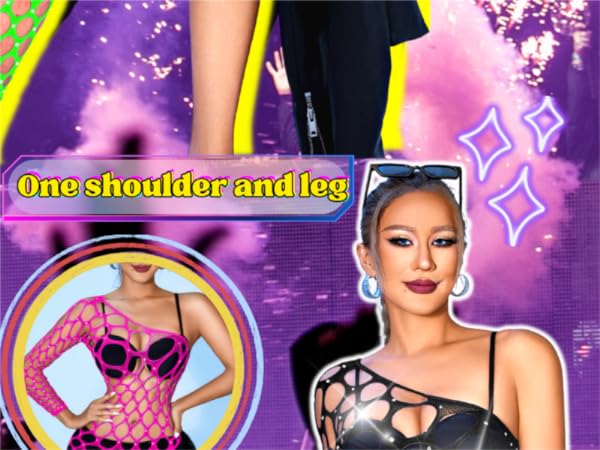 Kaei&Shi Rhinestone Fishnet Bodysuit,One Shoulder Sheer Mesh