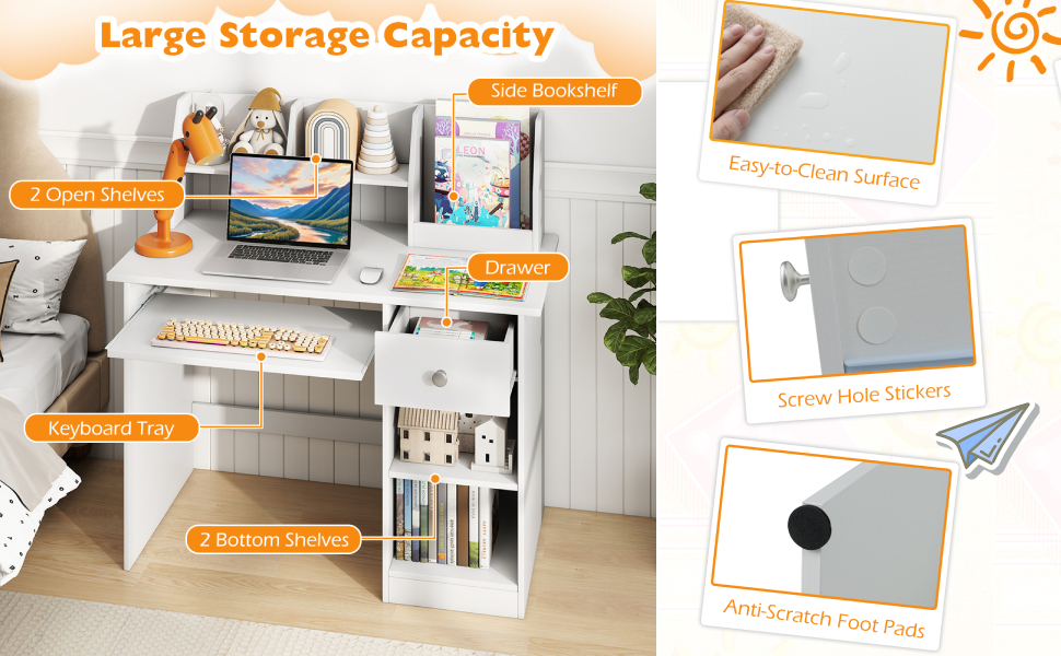 Text reads 'Large Storage Capacity'. Product demonstration images showing storage solutions with orange text labels pointing to various features.