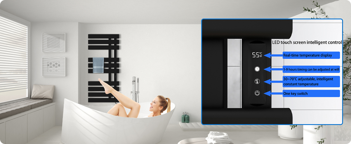 Porte Serviette Electrique, 500x1100mm Chauffe Serviette Thermostatique Intelligent, Mural Radiateur Salle De Bain, Serviettes Chauffant Seche, économie D'énergie, Affichage LED, Noir, Droite 11 Porte-serviettes électrique
