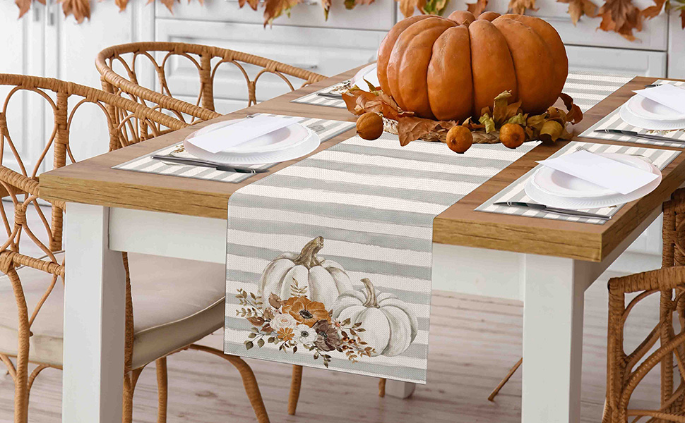 Fall Table Runner 13x72 Inch,Pumpkins with Flowers Grey