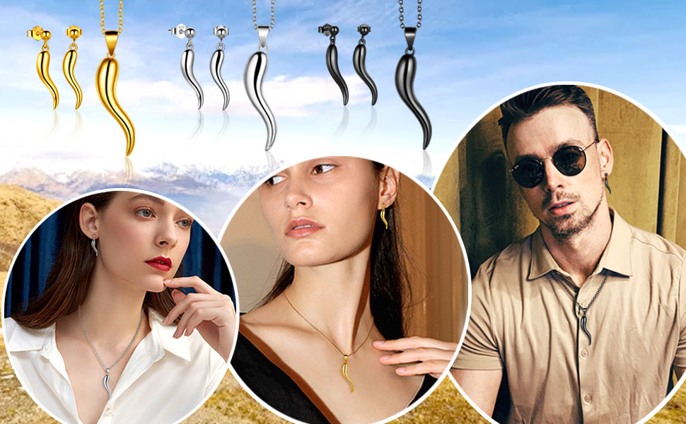 Lucky Italian Horn Pendant Necklace 18K White Gold Over 925