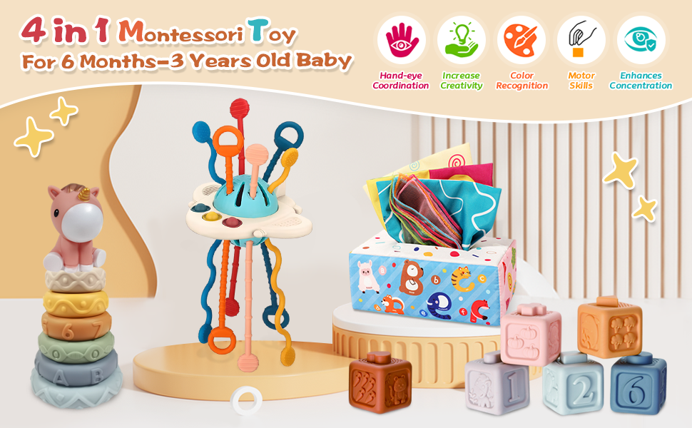 Montessori toy set for babies 6 months to 3 years. Includes stacking rings, wooden blocks, shape sorter, and colorful manipulative toys.