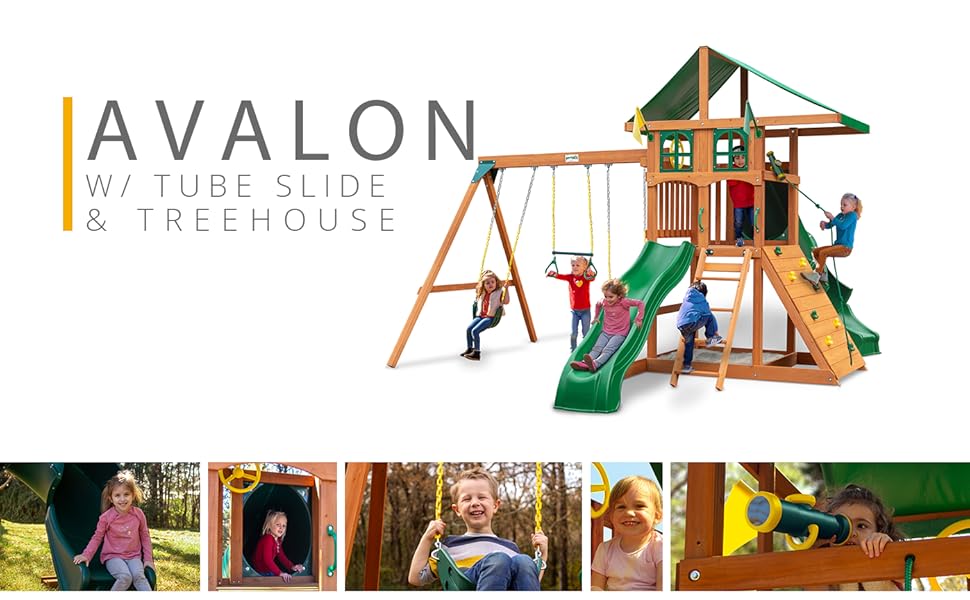 Gorilla Playsets 011089 Avalon Treehouse Swing Set with Oversized Green Vinyl