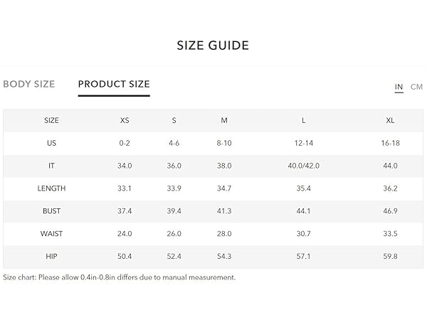 Size Chart of the dress