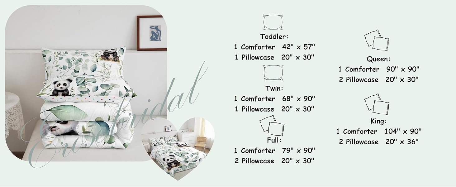 Erosebridal Cute Panda Full Comforter Set for Kids Child Green Eucalyptus Bedding Set Full