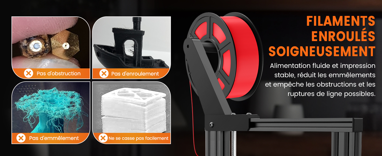 avec quatre caractéristiques principales mises en évidence : contrôle de la tension du filament, couvercle anti-poussière, boîte de séchage des filaments et design anti-enchevêtrement