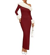 ZESICA Women's 2025 Fall Off Shoulder Sweater Dress Formal Long Sleeve Faux Fur Knit Bodycon Side...