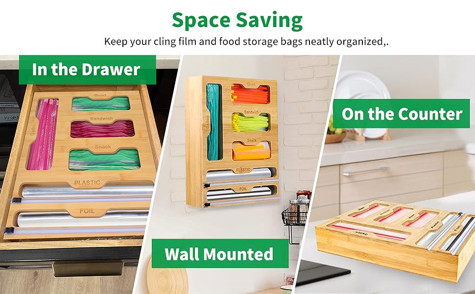 Bamboo Ziplock Storage Bag Organizer for Kitchen Drawer, 6 in 1 Wrap