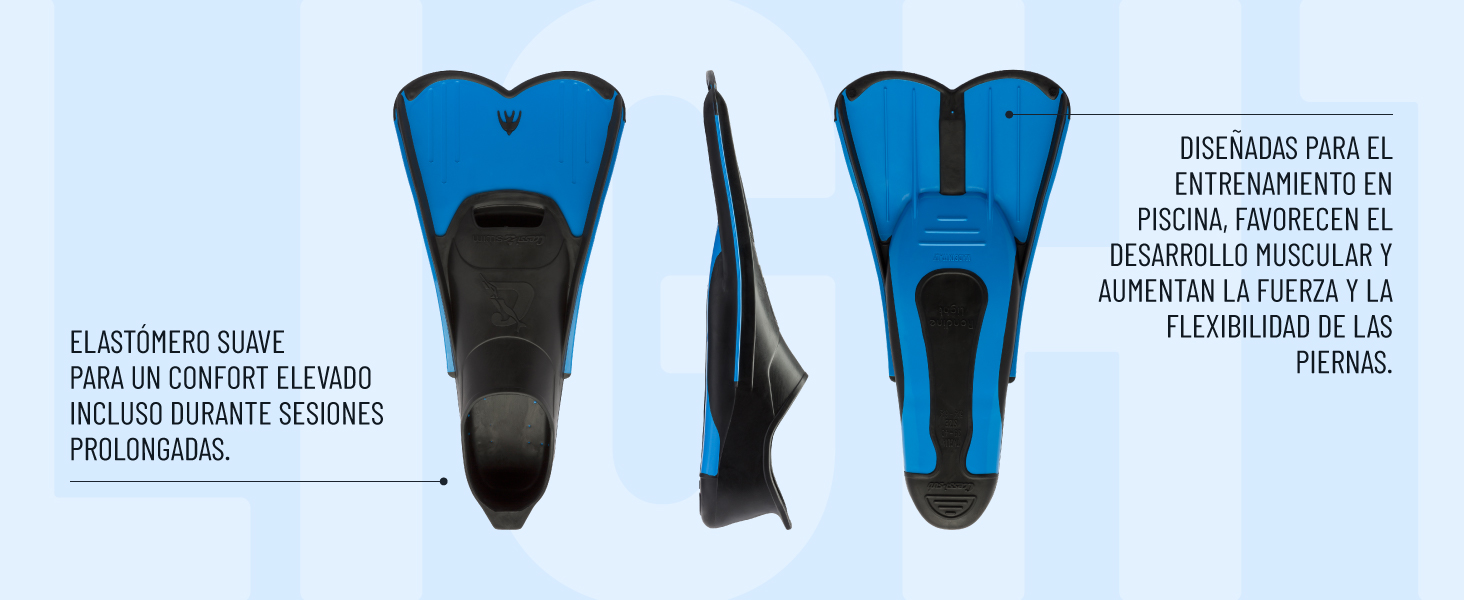 Diagrama técnico de las aletas de natación azules que muestra las vistas frontal y lateral con especificaciones de diseño e indicadores de medición.