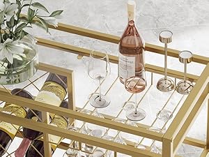 FATORRI Bar Cart for The Home with Wine Rack and Glasses Holder (Gold)