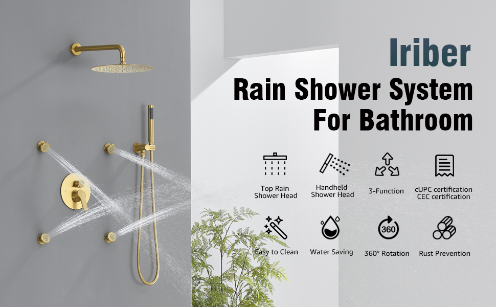 Iriber Brushed Gold Round Rain Shower System with 4 PCS Body Jets 3