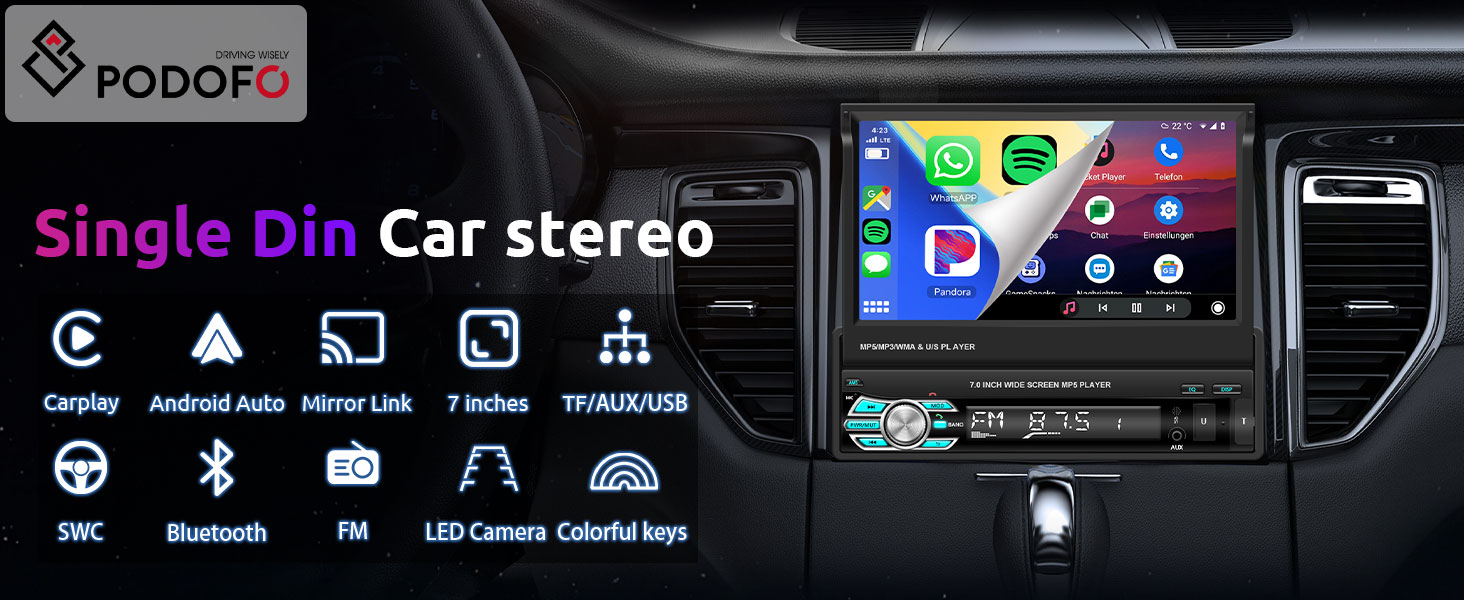 Single din car stereo with wireless carplay