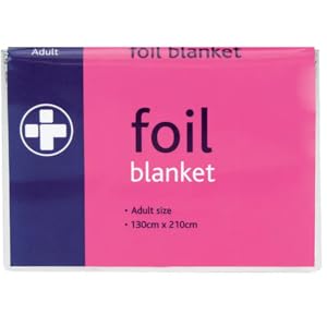 Foil blanket packaging for adult size, measuring 130cm x 210cm. Purple and pink color scheme with medical cross symbol.