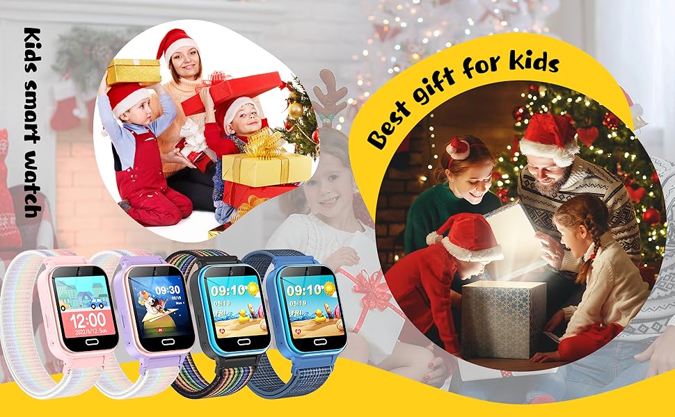 Smartwatch for kids advertised as 'Best gift for kids'. Multiple watch faces shown in different colors. Inset images of children with Christmas theme.