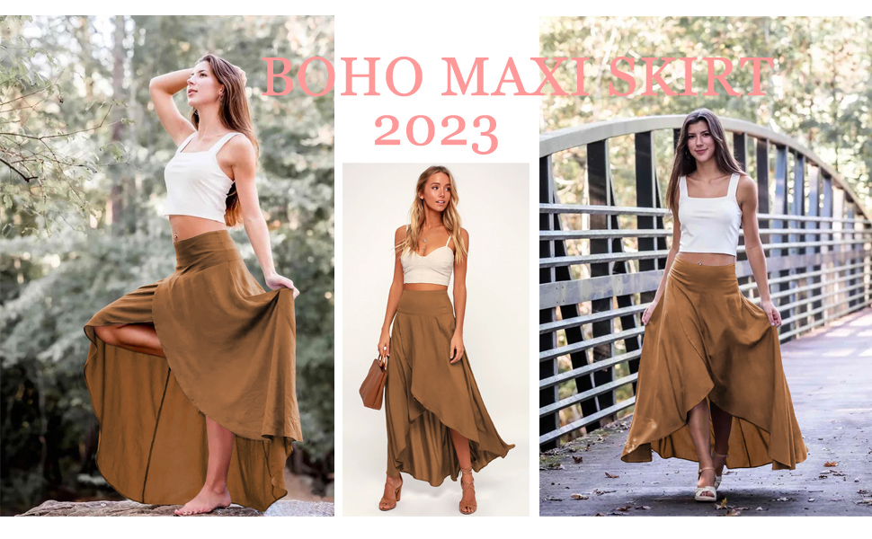 Womens High Waist Wrap Boho Maxi Skirt with Slit Flowy