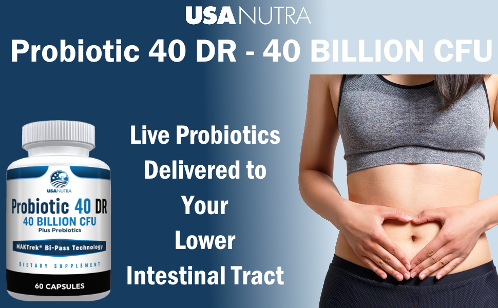 Probiotic 40 DR bottle, "Live probiotic delivered lower GI tract", young woman bare midriff