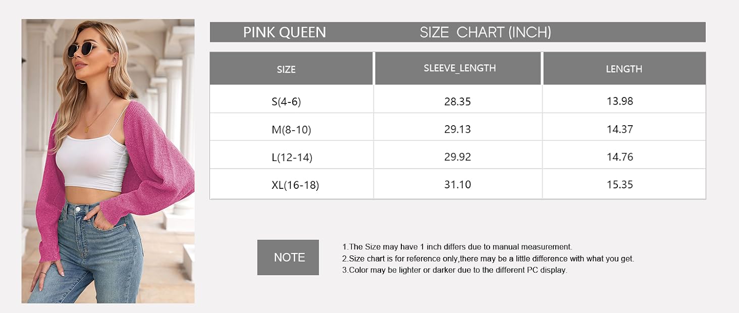 Size Chart of Pink Queen Women Crop Cardigan Sweater