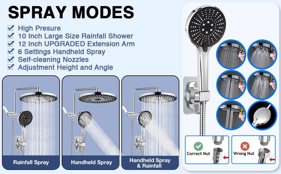 UPGRADED 10" Rain Shower Head with 6 Settings High Pressure Handheld