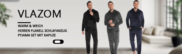 Herren-Schlafanzug, Flanell, Hausanzug, Winter-Pyjama-Set, langer zweiteiliger Schlafanzug mit Kapuze