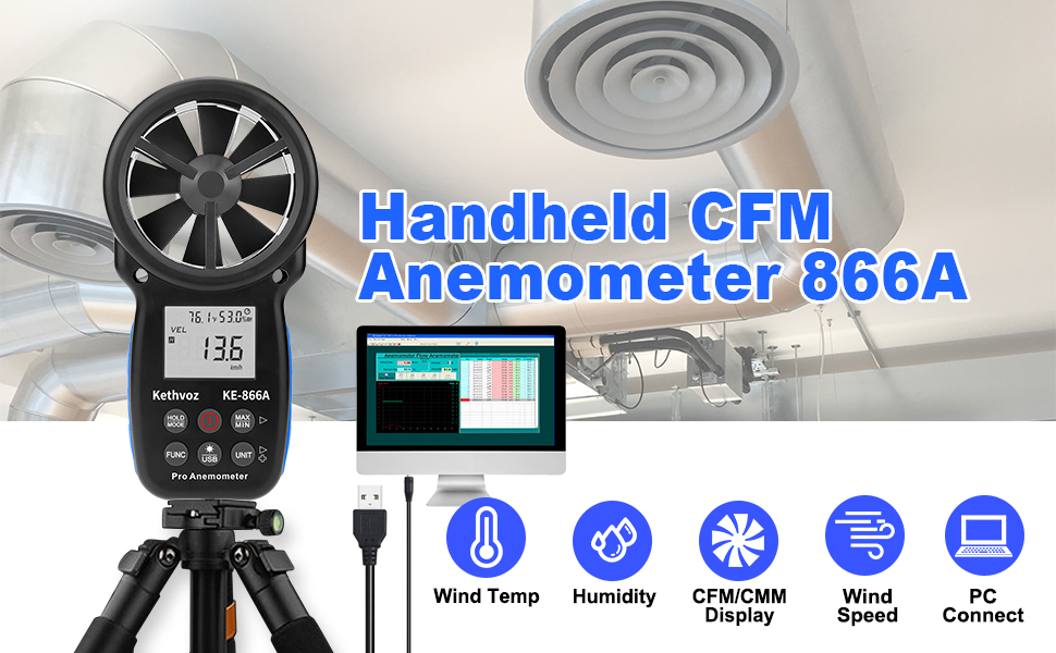 Handheld Anemometer Wind Speed Meter, Kethvoz CFM Air Velocity Tester w