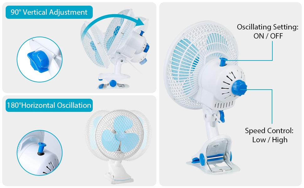 Clip On Fan 2 Speeds Desk Fan Quiet Clamp Fan Adjustable Tilt Auto Shaking