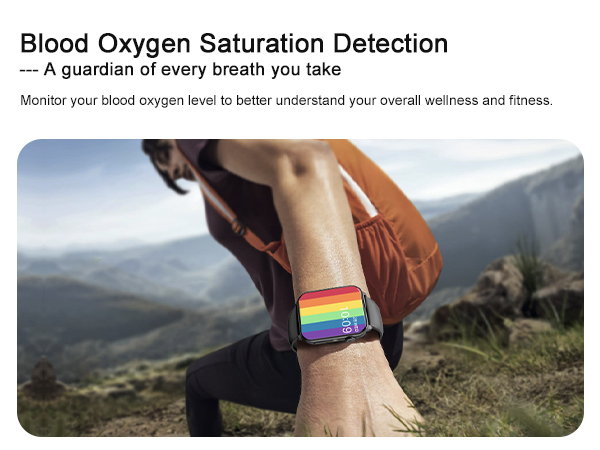 Text reads 'Blood Oxygen Saturation Detection - A guardian of every breath you take'. Image shows smartwatch with rainbow band against mountainous landscape backdrop.
