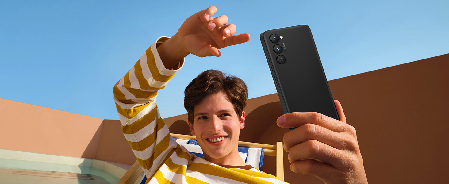 Series of product shots showing a black smartphone with protective case features, including drop protection demonstration and close-up detail views.