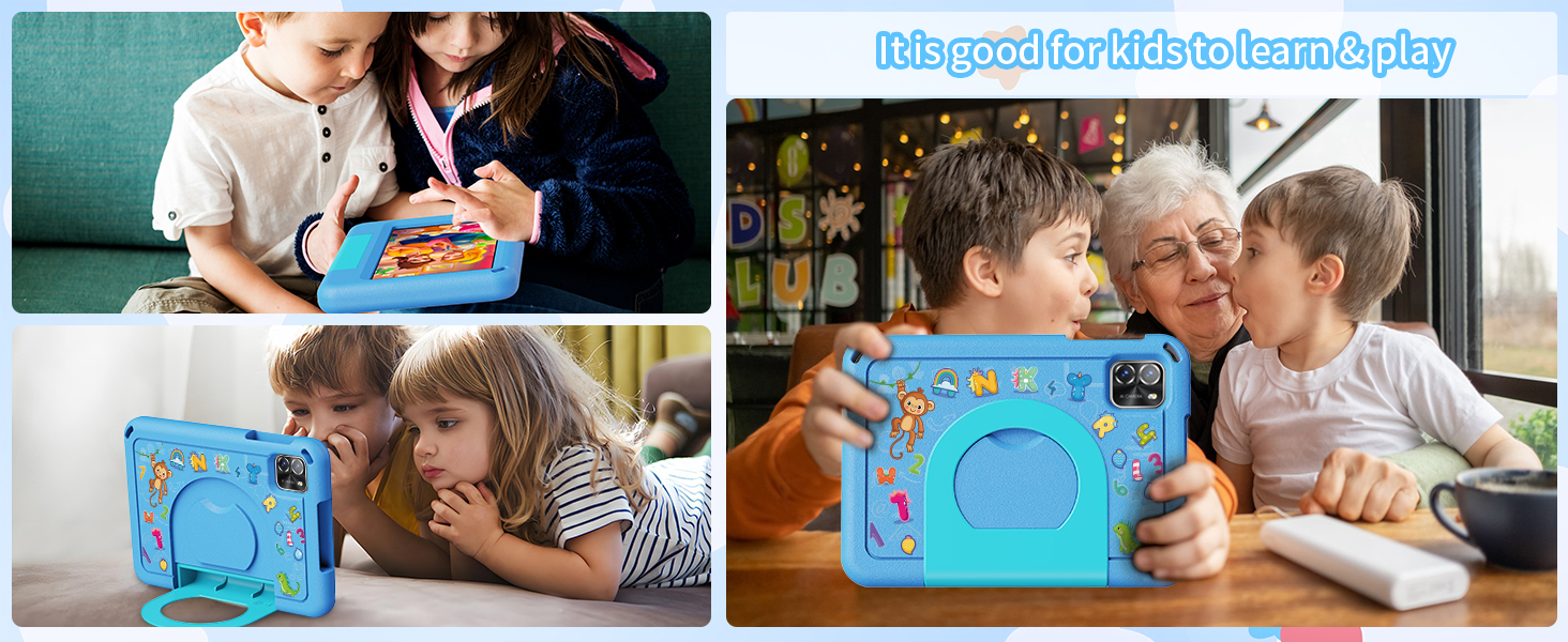 Split image showing people interacting with bright blue cube-shaped objects in different settings.