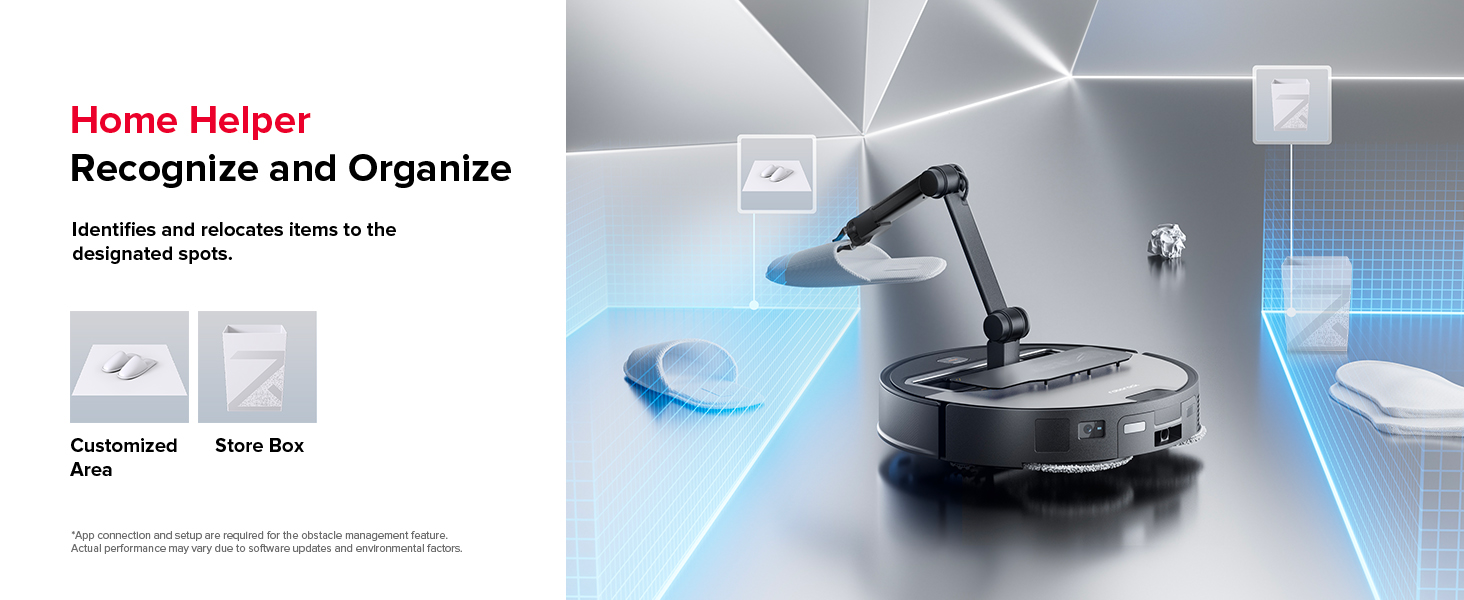 Robotic vacuum cleaner on floor with digital overlay showing room scanning. Text reads 'Home Helper: Recognize and Organize' indicating smart home cleaning capabilities.