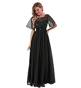 black long evening dress short sleeves a line flowy chiffon party prom hoco graduation club gown