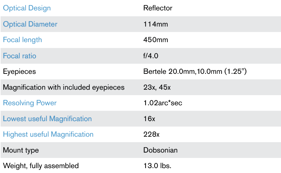 Orion StarBlast 4.5 Astro Reflector Telescope MAX Kit Technical specifications