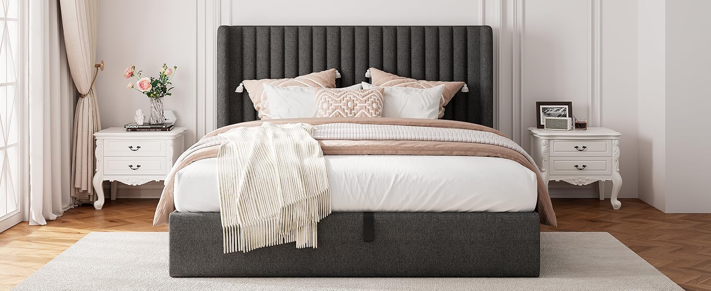 queen size lift up storage bed frame with fluted wingback heardboard dark gray