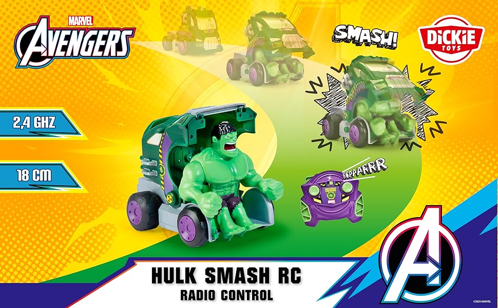 Il testo dice «AVENGERS» e «HULK SMASH RC». Immagine di marketing che mostra veicoli giocattolo telecomandati verdi a tema Hulk su sfondo giallo con effetti in stile fumetto.