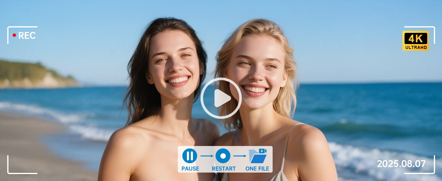 Video player interface showing beach scene with recording indicators, playback controls, and 4K quality badge in the corner.