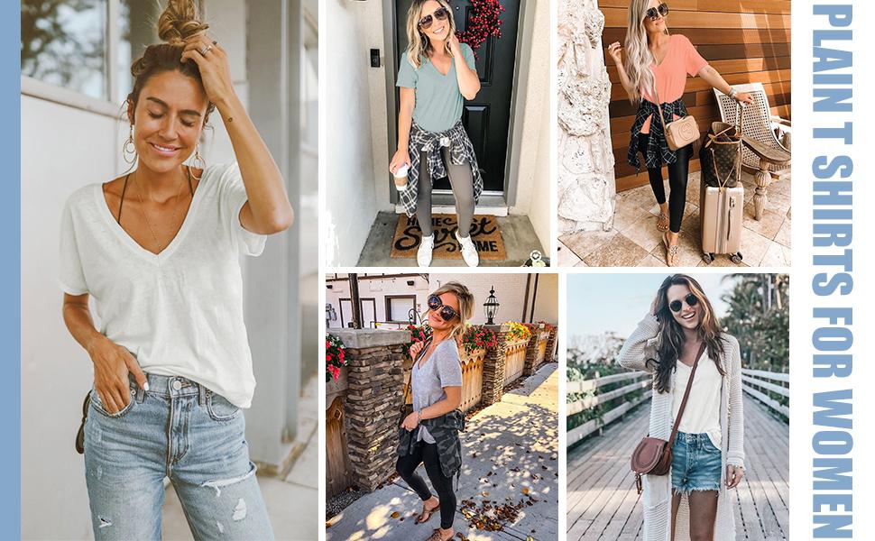 WIHOLL Ladies Tops Summer Short Sleeve V Neck T Shirts for Women UK