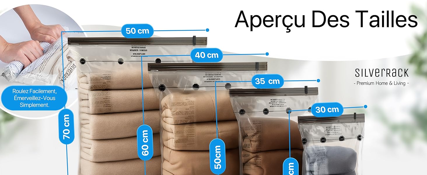 Le texte indique « Aperçu des tailles ». Série d'images de démonstration de mesure ou de dimensionnement du produit.