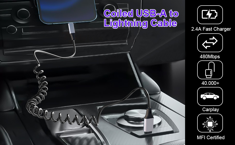 Coiled Lightning Cable Apple Carplay Compatible [Apple MFi Certified] Retractable