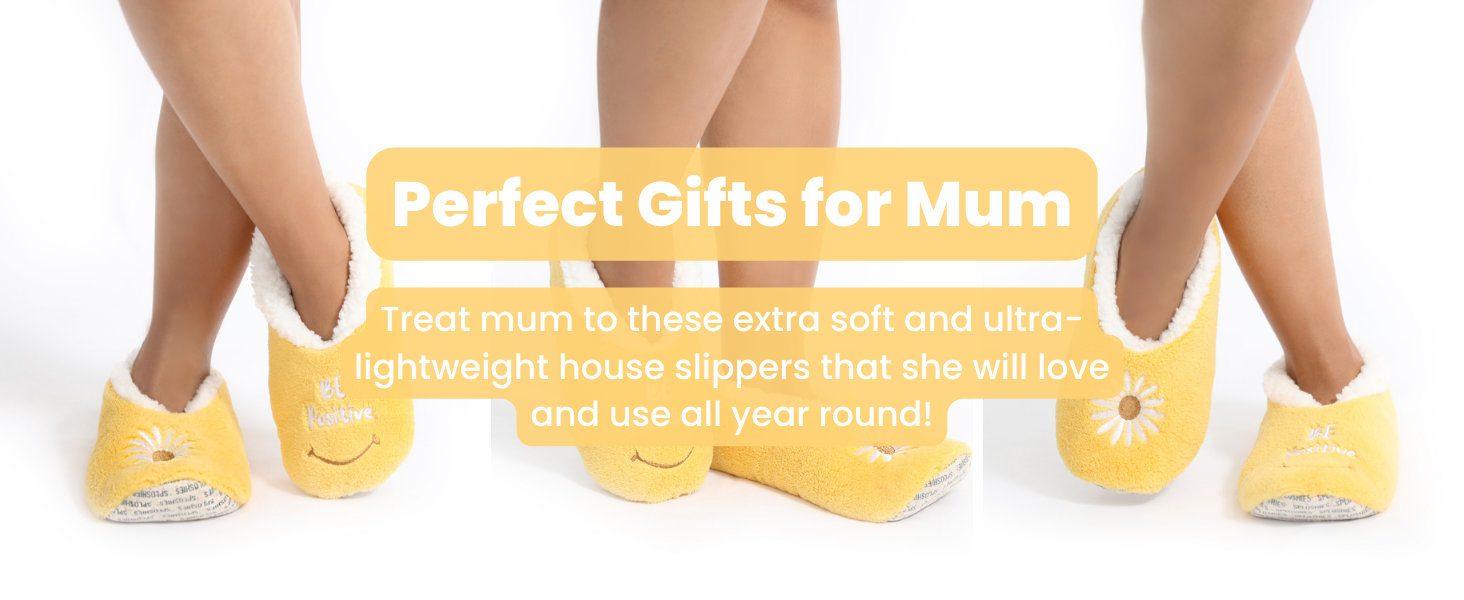 Yellow emoji-style slippers with text overlay advertising 'Perfect Gifts for Mum', shown from multiple angles.