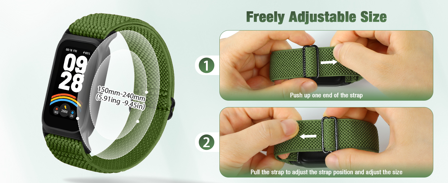 Text reads 'Freely Adjustable Size'. Multiple images of an olive green adjustable pet collar or harness shown from different angles with demonstration of sizing.
