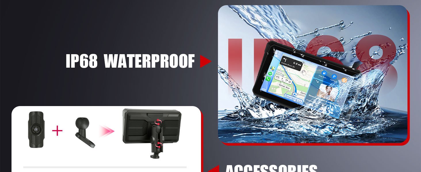Waterproof GPS device with IP68 rating shown submerged in water. Separate image displays device with mounting accessories for installation.